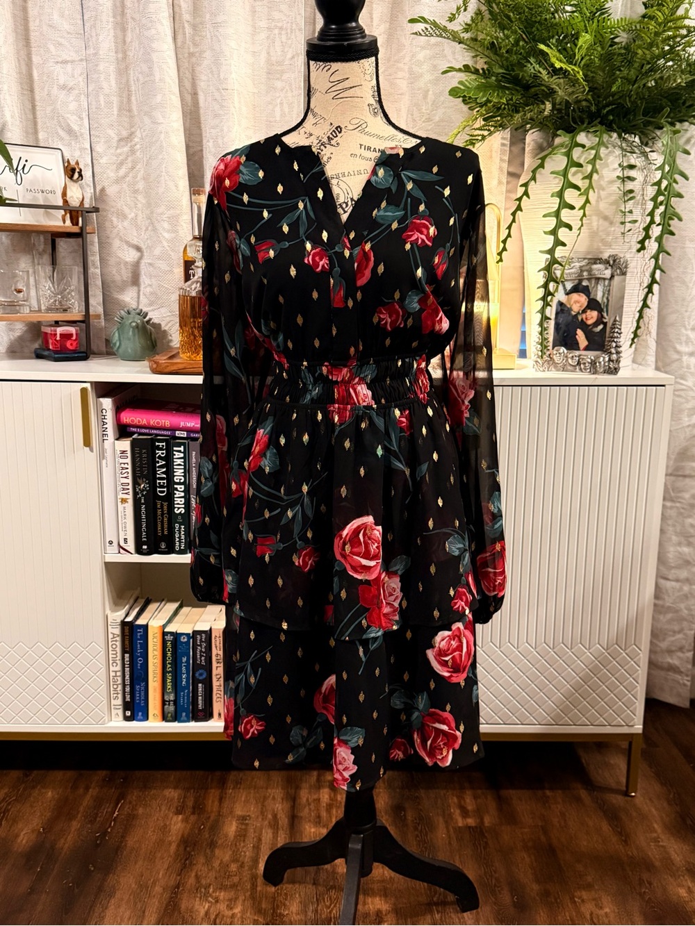 Torrid Black Long-Sleeve Floral Midi Dress with Red Rose Print